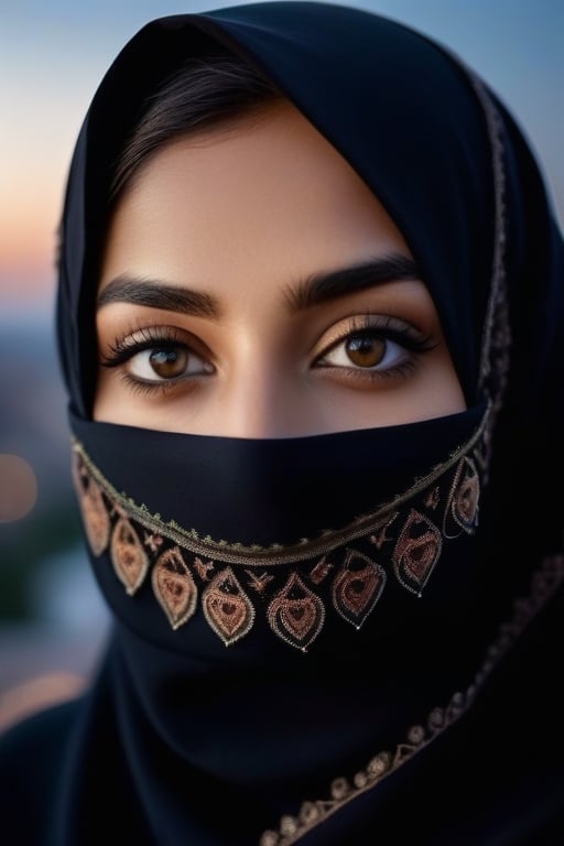 Portrait of ((extremely beautiful)) happy eyes of a Muslim woman. She is dressed in a dark-colored traditional hijab, her face is covered with a cloth mask decorated with embroidery. Against the background of a clean, clear, evening sky. Additional attention is paid to the HDR effect, which affects contrast and composition. The image is hyper-realistic with sharp focus, reproduced with a resolution of 64 megapixels. The lighting provides high contrast, giving the scene a cinematic and atmospheric quality that embodies the relaxed atmosphere of the evening, which evokes a surreal combination of (hyperrealism) and (ultrarealism) with a complex ((realism of detailed eyes))