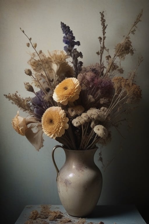 (((photographic, photo, photogenic))), extremely high quality high detail RAW color photo, unnerving eerie, bouquet, dried desiccated flowers, crushed crumbling textures, shattered, dehydrated, aged look, muted colors, shadow play, delicate fragility, close-up, vanitas elements, still life