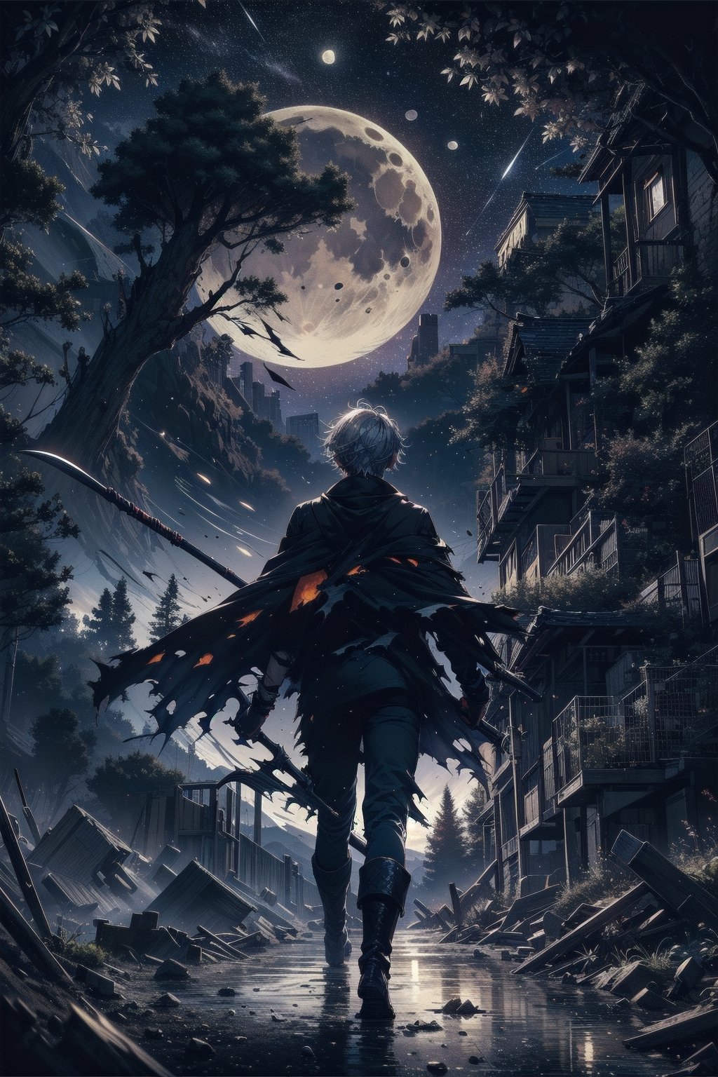 masterpiece, best quality, 1 man, alone, night sky, outdoors, moon, stars, clouds, wind, short silver hair, boots, cape, red eyes, torn clothes, scythe, tree, night,
,ARI1,DArt,Ultra details++ 