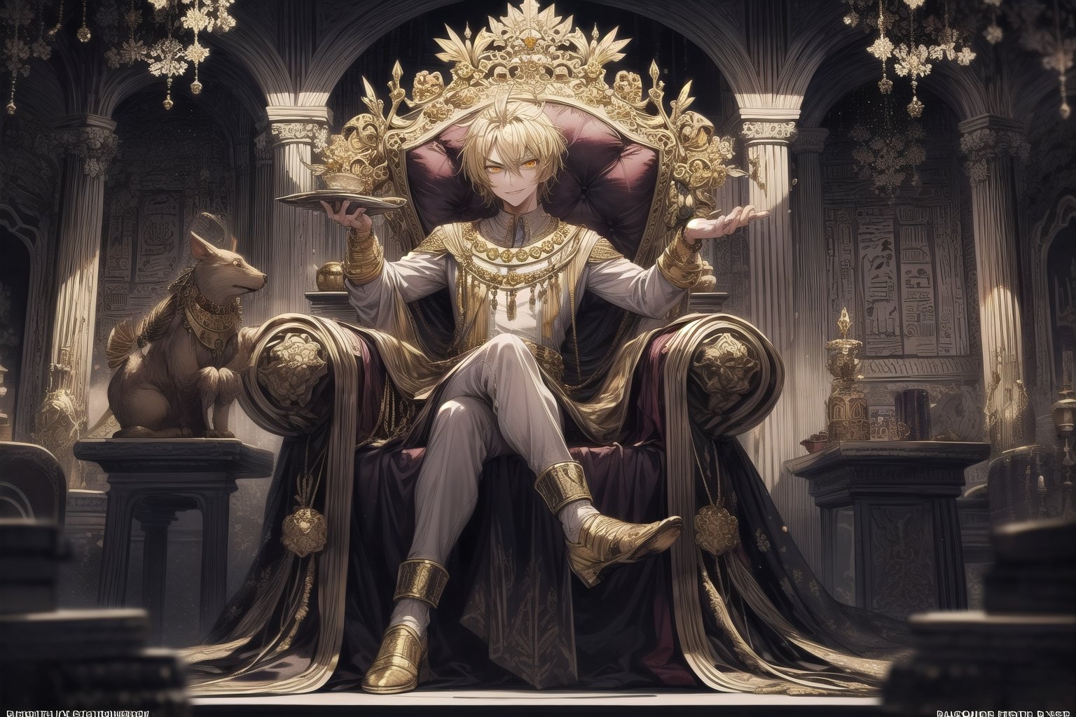 1 man, golden eyes, smile and arrogant look, short hair, blonde hair combed back, looks great, wears a pharaoh costume with jewels, sitting on his throne, DArt
