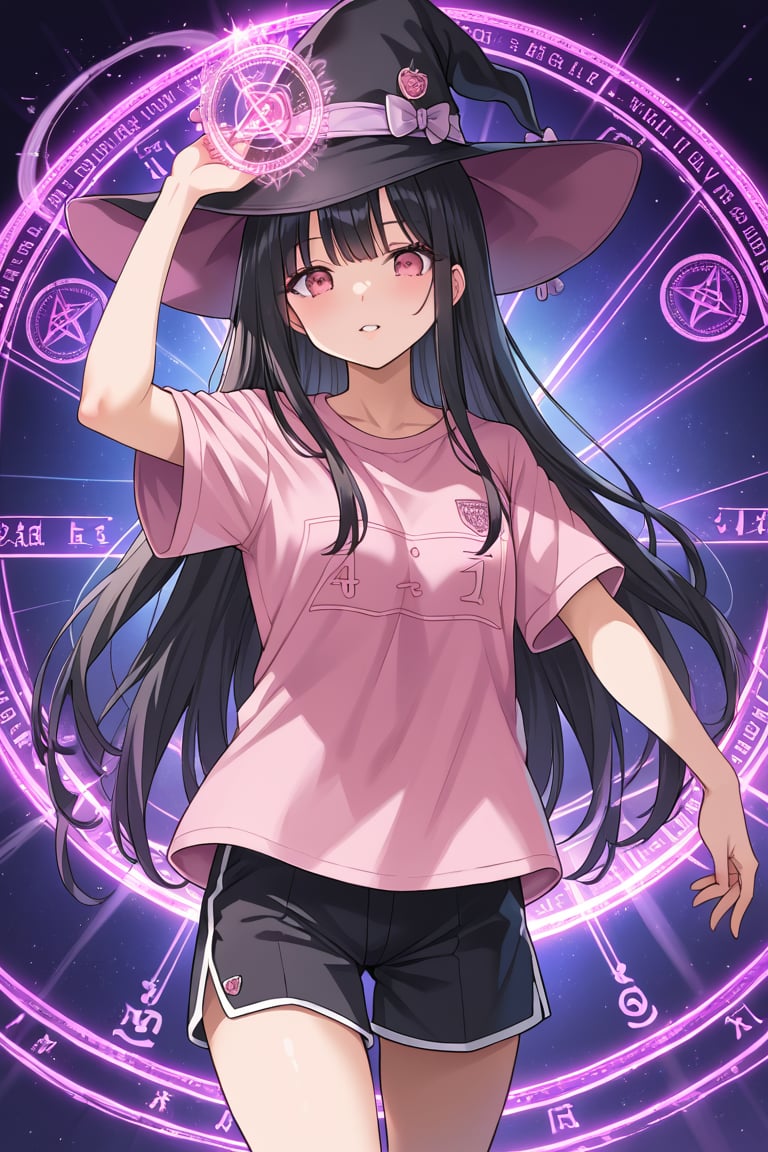 Beautiful girl. a pink t-shirt, black sports shorts and a witch hat. detailed image, long hair. Black hair, pink eyes.((masterpiece: 1.2)), magic circles, holding a grimoire, academy in the background, anime style.