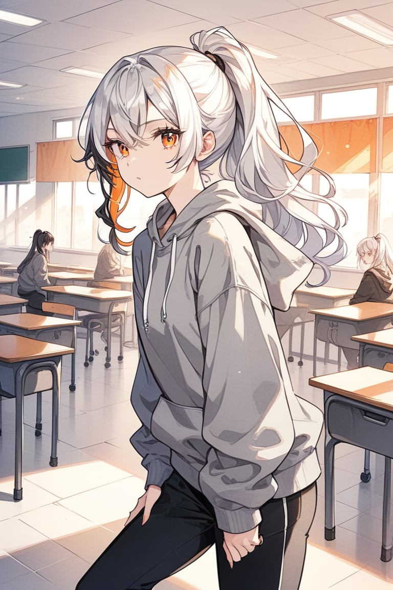 Beautiful girl. a gray sweatshirt, black sports pants. Detailed image, long hair with ponytail. White hair and black locks, multicolored hair, orange eyes. ((masterpiece: 1.2)), classroom in the background, anime style.