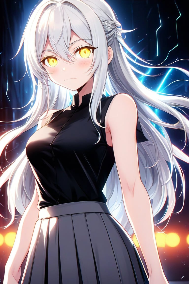 Beautiful girl. She is very tough, she wears a black sleeveless shirt and a gray skirt. detailed image, detailed skin, upper body, looking at viewer, long hair. White hair, yellow eyes. black, ((masterpiece: 1.2)), shadow particles, shadow particles in the background, anime style, neon light