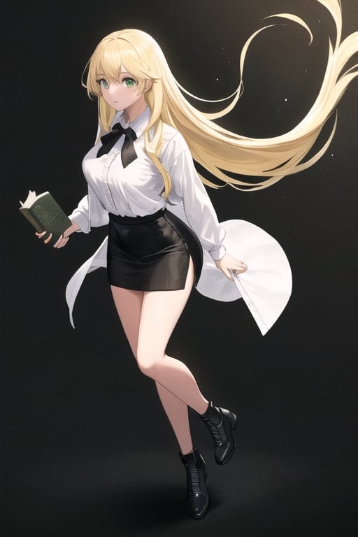 ((masterpiece, best quality, absurd, very aesthetic)), perfect face, 1girl, very light yellow hair, long straight hair, loose hairstyle, green eyes, normal breasts, white shirt, black tie, short brown skirt with stripes black (full body seen), looking at viewer, dark background, 8k, illustration, more details XL, holding a book, by redice studio, solo leveling, infinite library background, black magic aura.
,dark anime,dark fantasy