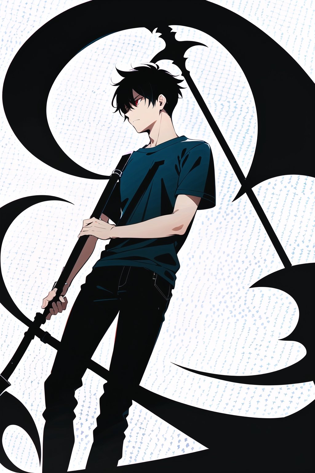 1 adult men, short hair, silver hair, red eyes, simple white t-shirt, black pants, holding, a scythe, while floating, scythe.