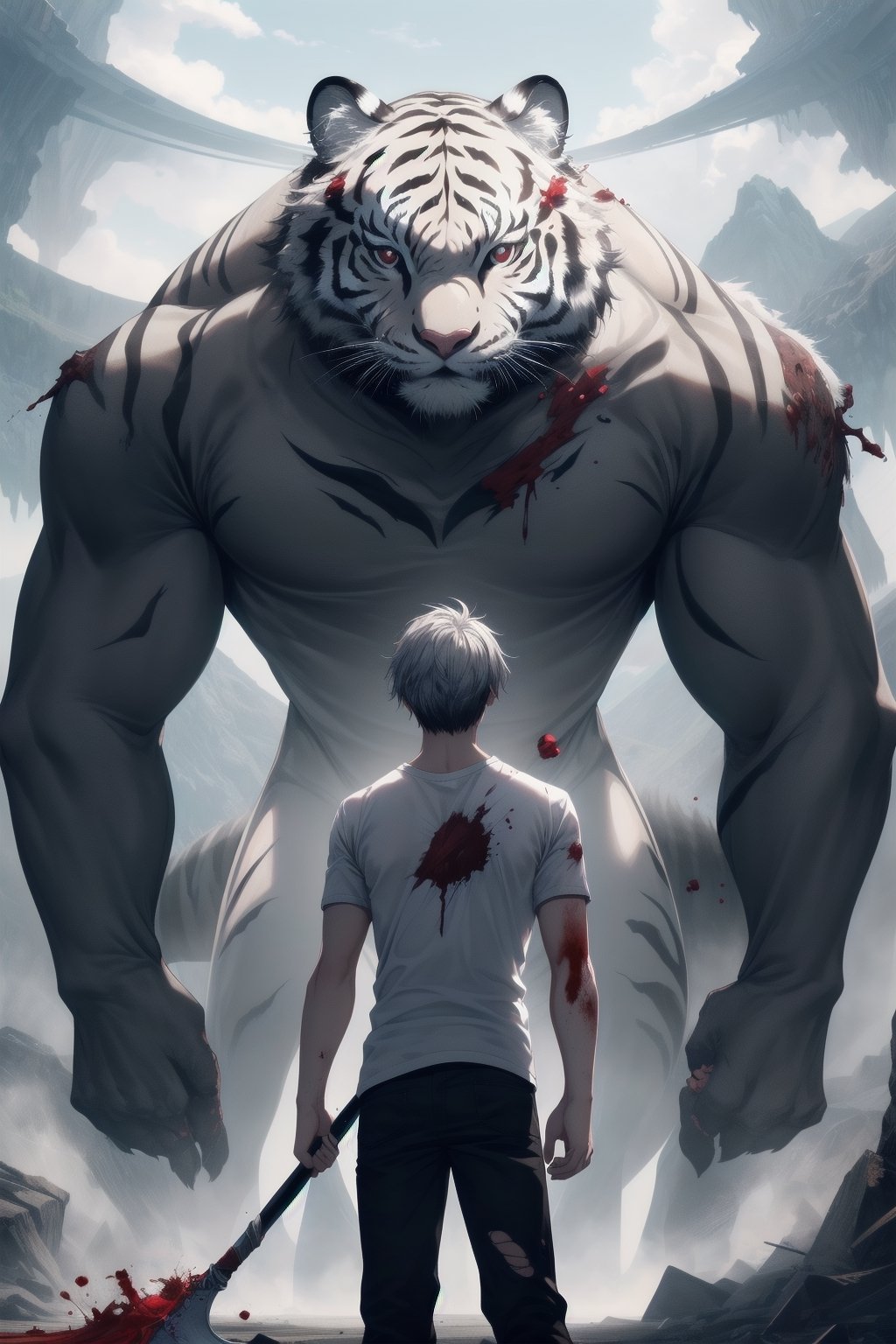 1 young man, short silver hair, red eyes, wearing a simple white t-shirt, black pants, light smile standing in front of a bleeding monster with a giant claw scar on his back, bleeding, mountro, giant white tiger, torn clothes, empty , island, scythe.