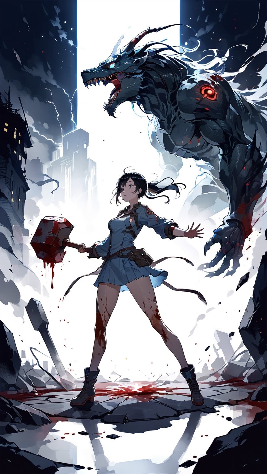 masterpiece, best quality, ultra detailed, high resolution, aesthetic, 1 girl, standing, normal breasts, battle clothes, black hair, ponytail hair, light blue eyes, full body, holding a  giant hammer, blood, night ,
girl fighting with monster,:<
,bleeding, injured,dynamic_pose,(\ye lan\),powerdef