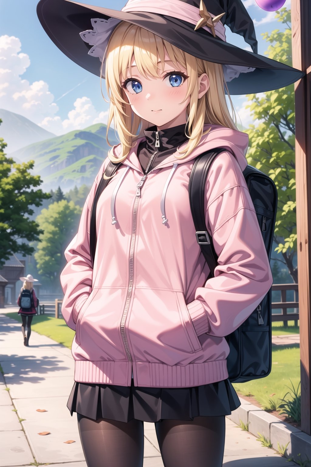 1 girl, alone, long hair, looking at viewer, bangs, blue eyes, blonde hair, long sleeves, mouth closed, standing, jacket, pantyhose, cowboy shot, outdoors, witch hat, black pantyhose, backpack, Hooded jacket, hands in pockets, pink jacket, wooden cane with a purple orb in the middle.