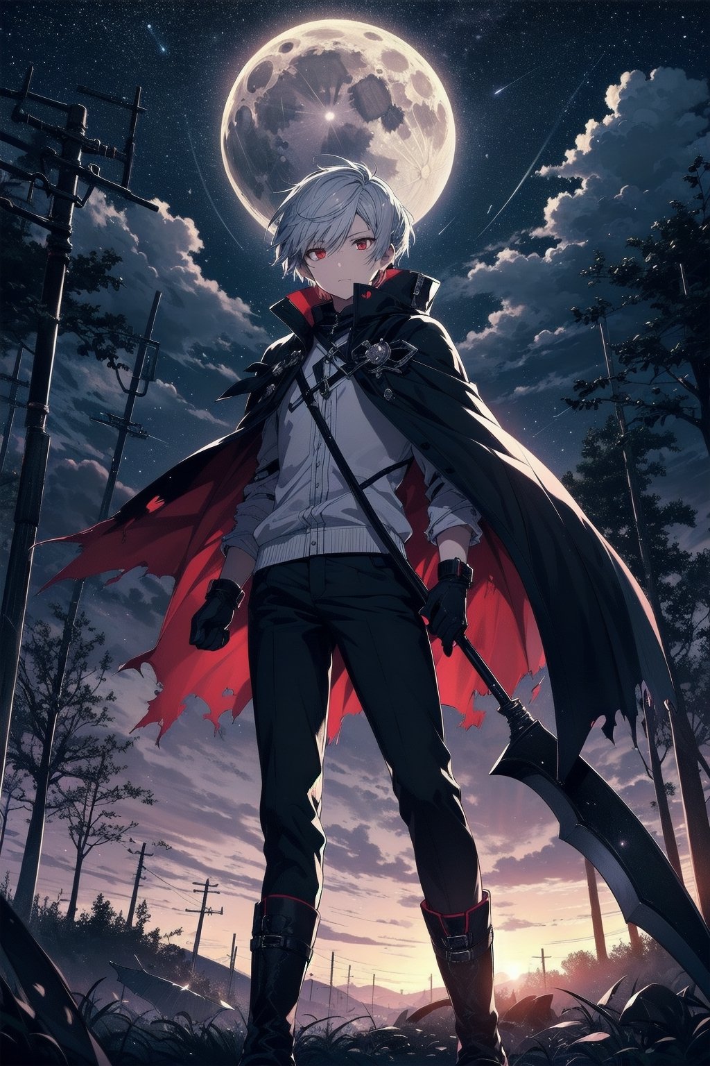 masterpiece, best quality, 1 man, alone, night sky, outdoors, moon, stars, clouds, wind, short silver hair, boots, cape, red eyes, torn clothes, scythe, tree, night,
,ARI1