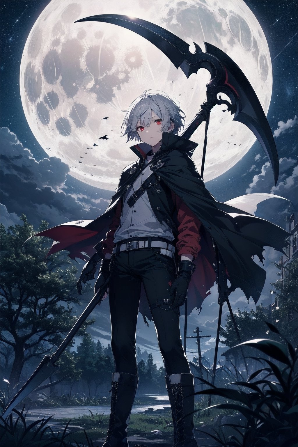 masterpiece, best quality, 1 man, alone, night sky, outdoors, moon, stars, clouds, wind, short silver hair, boots, cape, red eyes, torn clothes, scythe, tree, night,
,ARI1