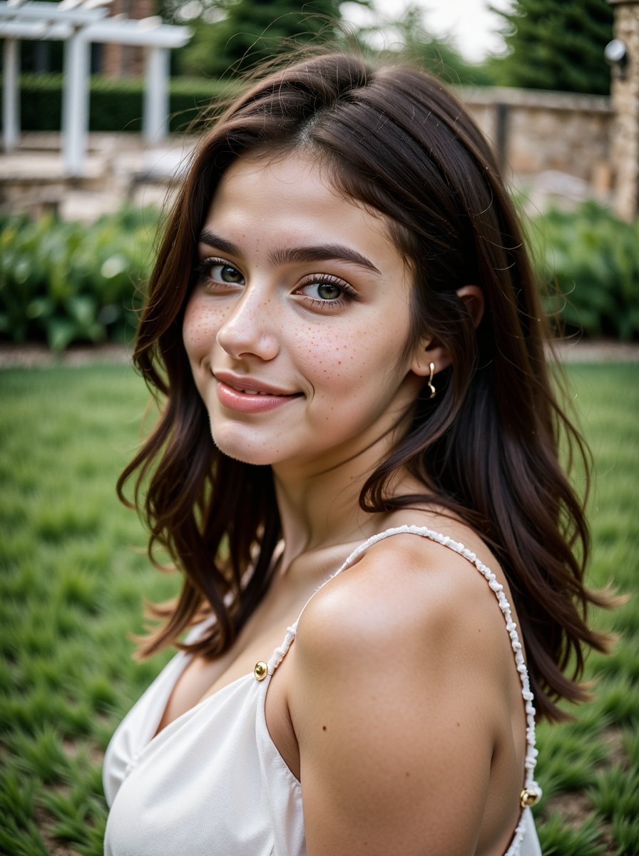 A close-up of a charismatic young model, 20 years old, in a sundress, in a garden. (Best quality, 32k, raw photo, Cinematic, Photorealistic, UHD)