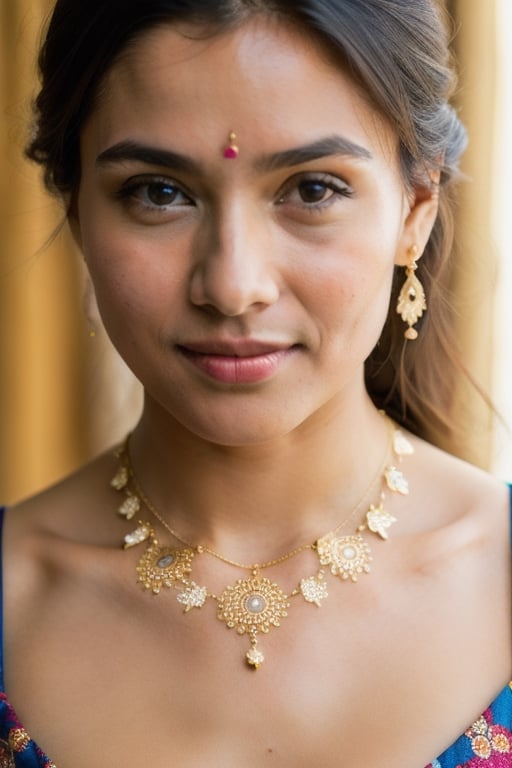 Around her neck, she wears a simple yet elegant necklace, a piece of heritage jewelry passed down through generations, symbolizing her connection to her ancestors and the enduring strength of her family bonds. Her hands are adorned with delicate henna patterns, representing joy, celebration, and the beauty of life's fleeting moments.