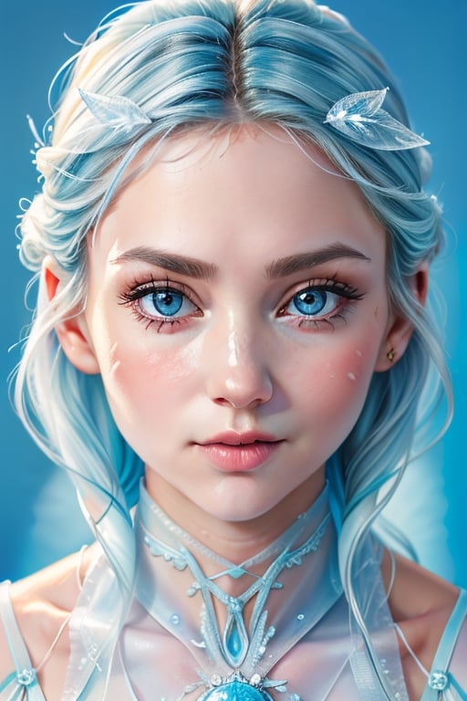 A (((vividly realistic ice woman portrait))), featuring intricate Details that convey a sense of cuteness, with frosty surfaces and (delicate patterns) that mirror the subject's essence