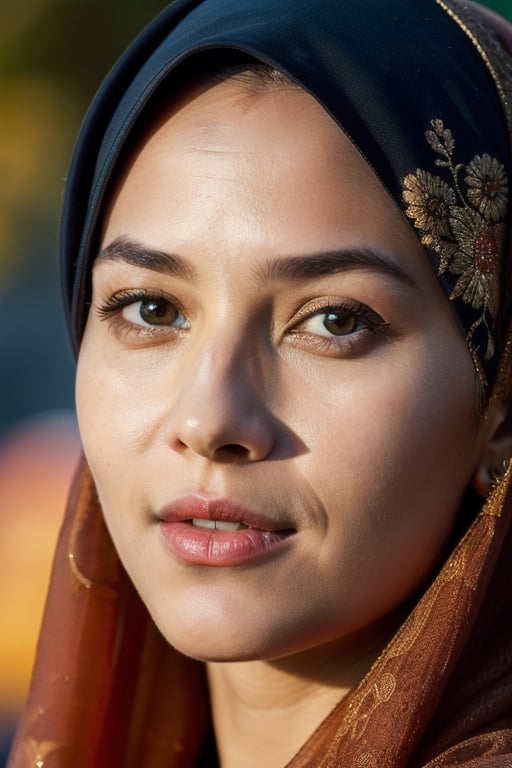 Portrait of ((extremely beautiful)) happy eyes of a Muslim woman. She is dressed in a dark-colored traditional hijab, her face is covered with a cloth mask decorated with embroidery. Against the background of a clean, clear, evening sky. Additional attention is paid to the HDR effect, which affects contrast and composition. The image is hyper-realistic with sharp focus, reproduced with a resolution of 64 megapixels. The lighting provides high contrast, giving the scene a cinematic and atmospheric quality that embodies the relaxed atmosphere of the evening, which evokes a surreal combination of (hyperrealism) and (ultrarealism) with a complex ((realism of detailed eyes))