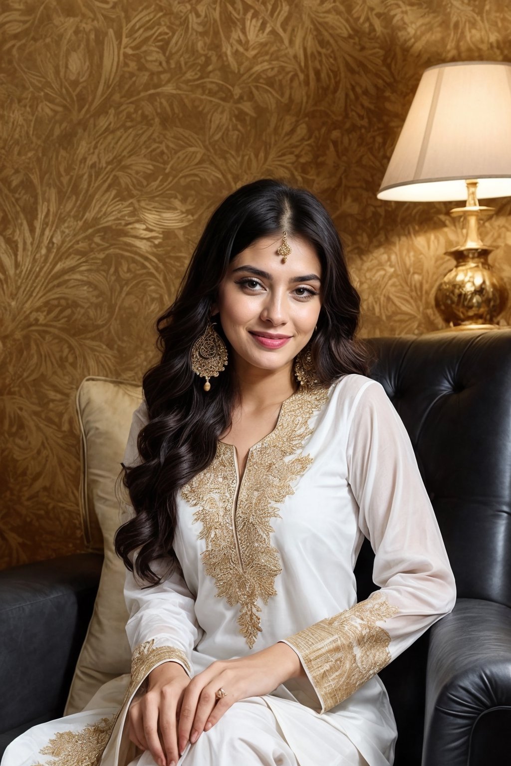 beautiful cute young attractive girl indian, teenage girl, village girl,18 year old,cute, instagram model,long black hair . Envision a Pakistani girl in a beautiful white shalwar kameez, seated elegantly in a luxurious hotel lounge, her chest subtly emphasized, exuding confidence and grace, adorned with exquisite jewelry including dangling earrings, Paperwork, intricate paper cutting with layered textures and delicate patterns, --ar 16:9 --v 5