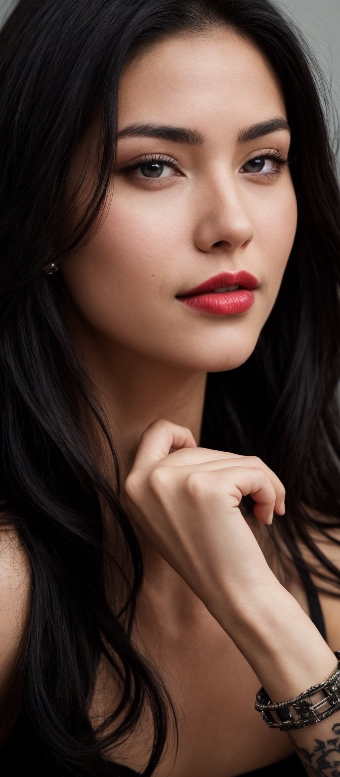 Generate hyper realistic image of a woman with long, flowing black hair cascading down her shoulders, her piercing blue eyes gazing directly at the viewer, framed by a subtle touch of makeup accentuating her features. Her lips, painted with a bold red lipstick, part slightly in an alluring smile, drawing attention to the delicate curve of her nose. A hint of a tattoo peeks out from the sleeve of her top, adding an intriguing element to her allure.