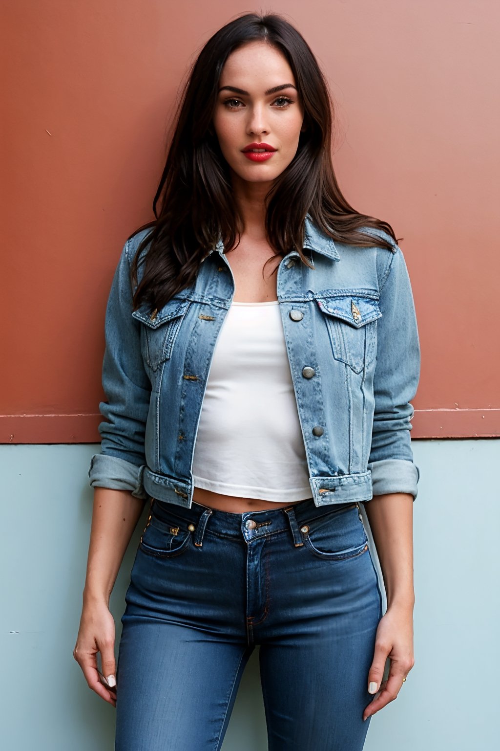 beautiful face, hot red lips, wearing cropped denim jacket and tight levis jeans in light blue color,blackbootsnjeans,Sexy Pose,Megan fox 