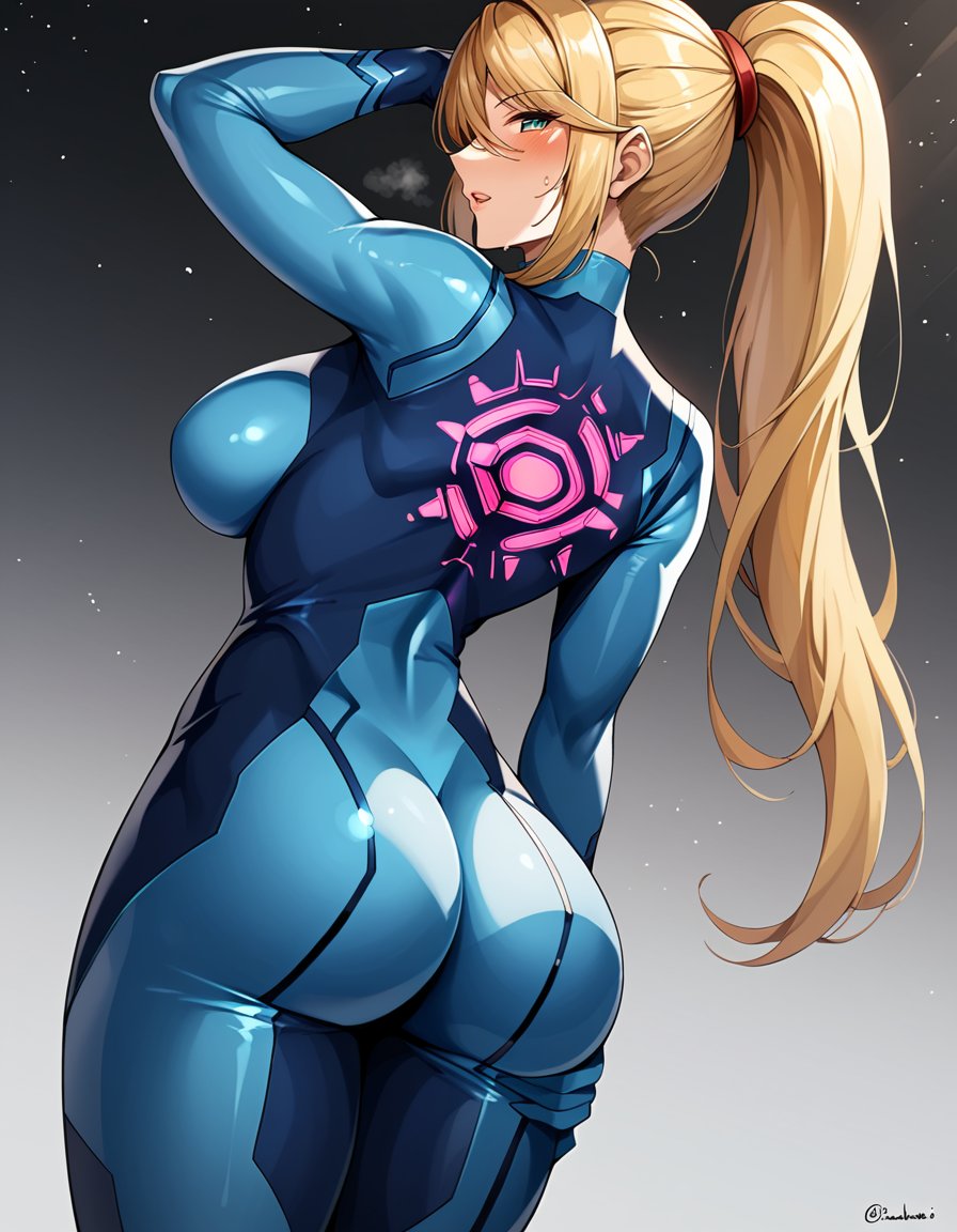 masterpiece,best quality, highly detailed, score_9, score_8_up, score_7_up, score_6_up,,source_AnimeBREAKsamus,1girl, samus aran, zero suit, blonde hair, solo, ass, bodysuit, long hair, ponytail, breasts, blue bodysuit, blue eyes, looking at viewer, skin tight,large breasts, shiny clothes, bangs, blue eyes, back, ass