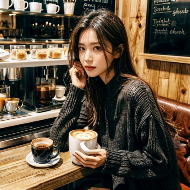 Hot Look, hold a coffee mug at cafe

