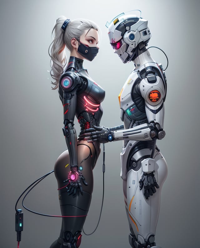 A female bionic with a ponytail and a glass mask,samurai with robot prothesis with neon,The cable connects the shoulder to the arm,Glass helmet, motorcycle helmet,standing,shikoro,cyberpunk edgerunners,cyberpunk 2077,realistic,white background,csrlds,bio-robot,robotskin,high detail,grey background,robotskin, cyborg