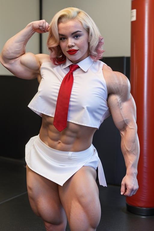 a heavily muscled iffb pro bodybuilder 18 year old girl popstar Marilyn Monroe, colourful hair,  , wearing a Japanese school
uniform,photorealistic, white unbuttoned shirt
and tie, red miniskirt, latex