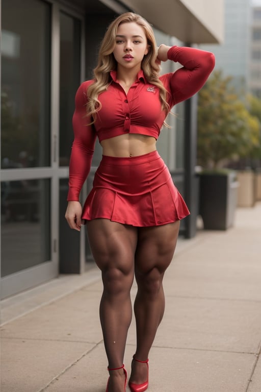 24 year old Sydney Sweeney a heavily muscled iffb pro female bodybuilder,  a schoolgirl wearing a tight silk buttoned shirt, short rubber skirt,  red opaque pantyhose ,fmg