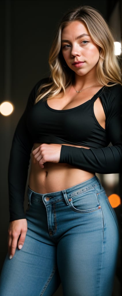 A heavily muscled iffb pro female bodybuilder, a RAW photo, portrait of Sydney Sweeney, wearing a tight black satin blouse with long sleeves, jeans, simple background, model shot, cinematic shot, volumetric lighting, detailed eyes and face, magnificent, epic, sharp focus, dlsr, rim lights, blurry background, best quality, highly detailed, masterpiece, 8k, ,fmg