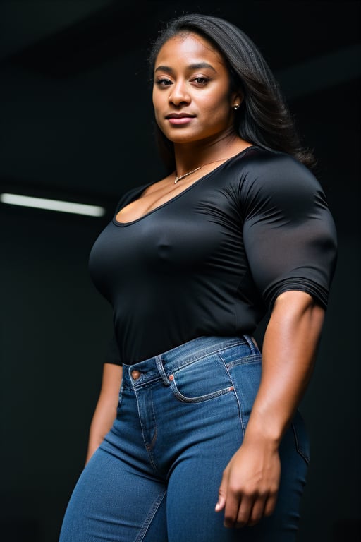 A heavily muscled iffb pro female bodybuilder, a RAW photo, portrait of 25 year old Tatyana Ali wearing black satin blouse, jeans, simple background, model shot, cinematic shot, volumetric lighting, detailed eyes and face, magnificent, epic, sharp focus, dlsr, rim lights, blurry background, best quality, highly detailed, masterpiece, 8k, 