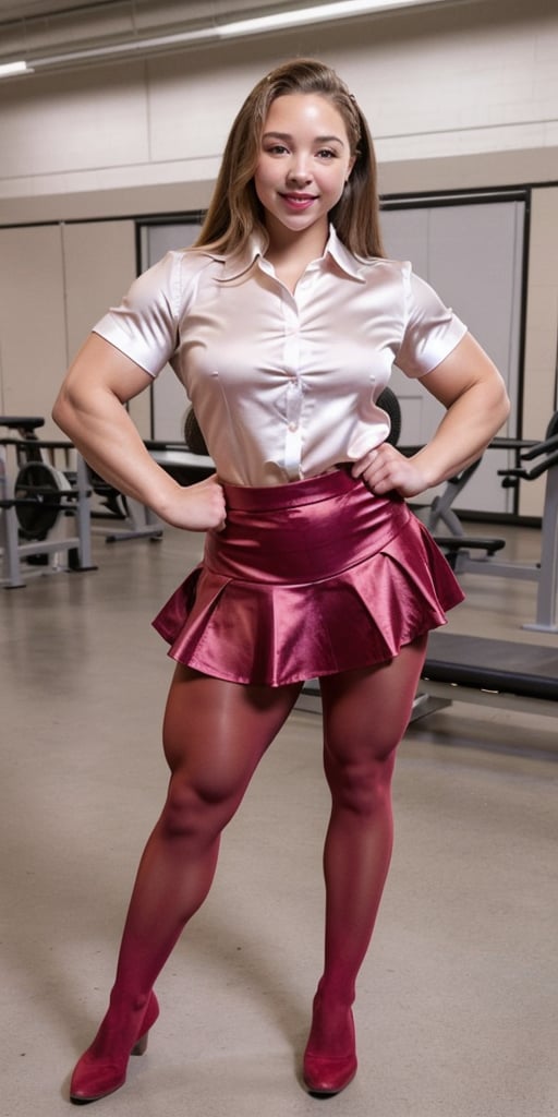 Sydney Sweeney a heavily muscled iffb pro female bodybuilder,  a schoolgirl wearing a tight silk buttoned shirt, short rubber skirt,  red opaque pantyhose ,fmg