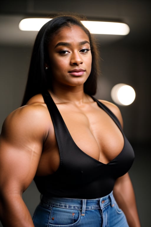 A heavily muscled iffb pro female bodybuilder, a RAW photo, portrait of 21 year old Tatyana Ali wearing black satin blouse, jeans, simple background, model shot, cinematic shot, volumetric lighting, detailed eyes and face, magnificent, epic, sharp focus, dlsr, rim lights, blurry background, best quality, highly detailed, masterpiece, 8k, 