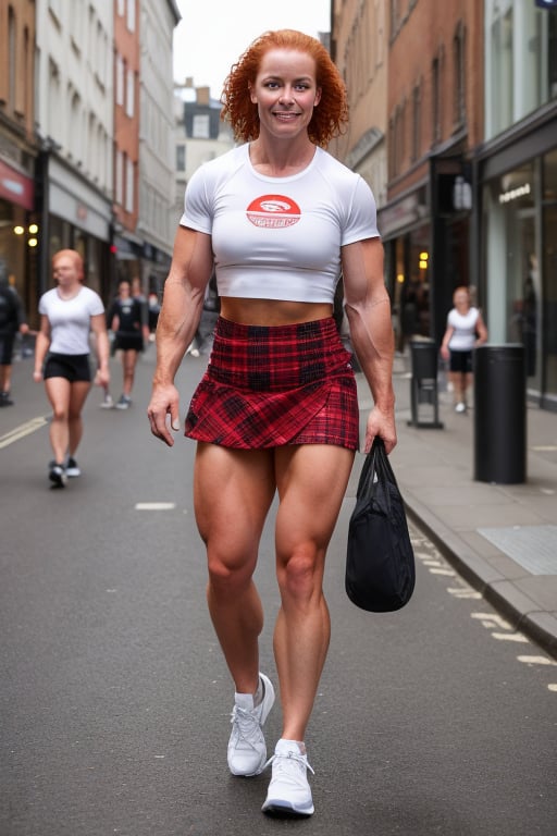 A heavily muscled female crossfit athletic, 
 red headed, ginger hair,  wearing a white t-shirt. BREAK plaid short skirt BREAK white ankle socks. BREAK black sneakers,  she is walking along the highstreet in an English city , there are other people walking 