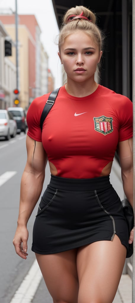 a heavily muscled iffb pro bodybuilder 22 year old girl popstar Ronda Rousey, colourful hair,  , wearing a red tight miniskirt,  
uniform, Round Neck Short Sleeve Dress With Pockets For Summer    ,  photorealistic, 