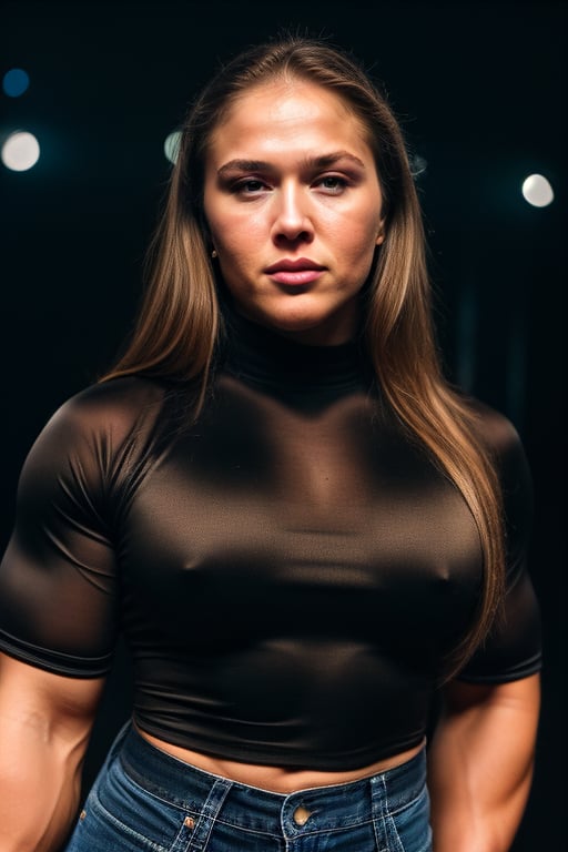 A heavily muscled iffb pro female bodybuilder, a RAW photo, portrait of 20 year old Ronda Rousey, wearing black satin blouse, jeans, simple background, model shot, cinematic shot, volumetric lighting, detailed eyes and face, magnificent, epic, sharp focus, dlsr, rim lights, blurry background, best quality, highly detailed, masterpiece, 8k, 