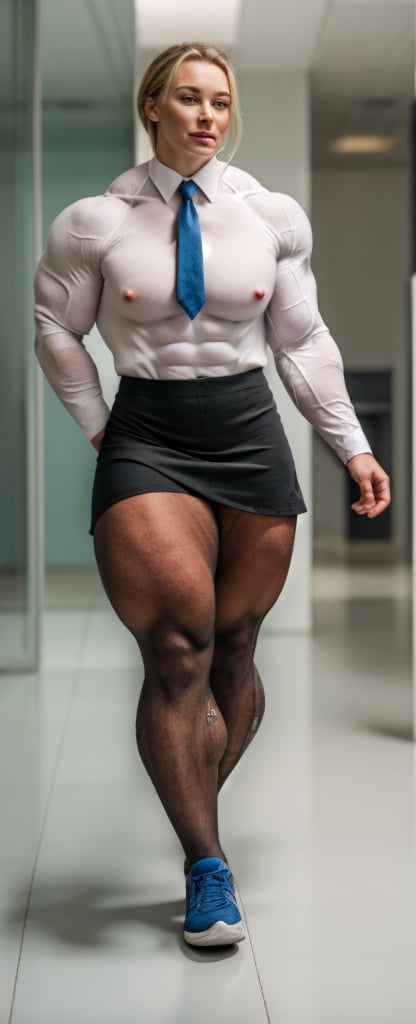 Lauren Hemming, , a heavily muscled  female bodybuilder ,  btitish airways cabin crew, air hostess attire,   white blouse. BREAK blue tie, BREAK grey skirt, BREAK Grey opaque pantyhose, 
, breasts,photorealistic, tiny breasts 