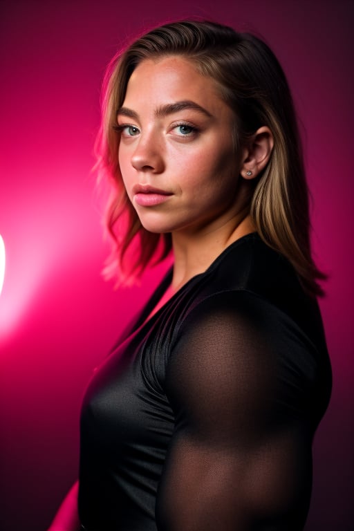 A heavily muscled iffb pro female bodybuilder, a RAW photo, portrait of Sydney Sweeney, wearing black satin blouse, jeans, simple background, model shot, cinematic shot, volumetric lighting, detailed eyes and face, magnificent, epic, sharp focus, dlsr, rim lights, blurry background, best quality, highly detailed, masterpiece, 8k, 