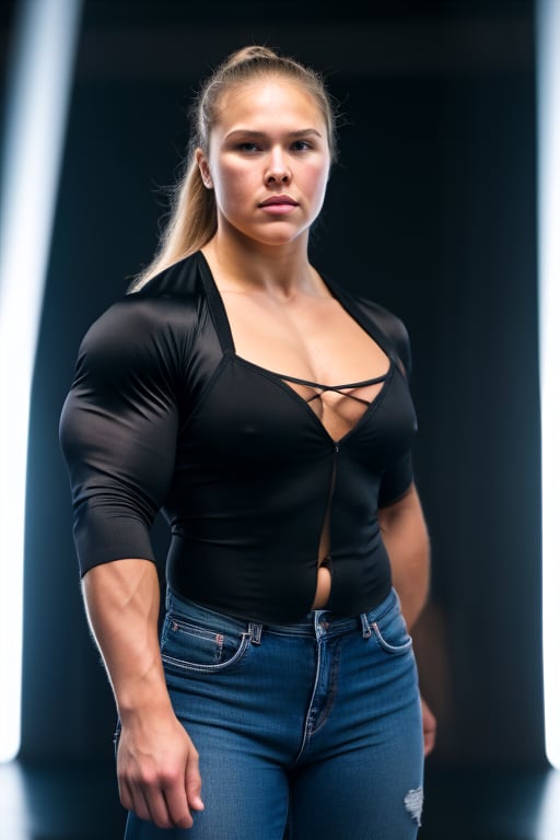 A heavily muscled iffb pro female bodybuilder, a RAW photo, portrait of 20 year old Ronda Rousey wearing black satin blouse, jeans, simple background, model shot, cinematic shot, volumetric lighting, detailed eyes and face, magnificent, epic, sharp focus, dlsr, rim lights, blurry background, best quality, highly detailed, masterpiece, 8k