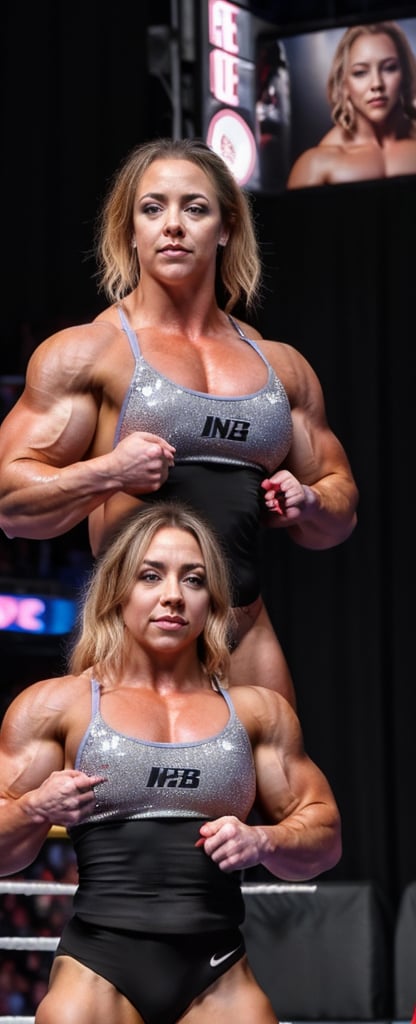 2girls, PHOTO, Candid mobile phone snapshot photo of a heavily muscled iffb pro female bodybuilder ordering at a WWE wrestling event,, 24  year old Charlotte Church vs 28 year old Sydney Sweeney,photorealistic