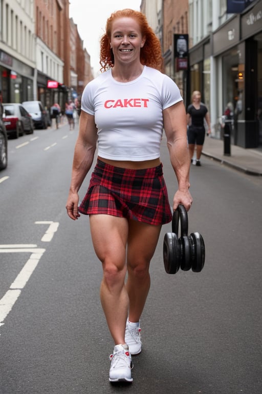 A heavily muscled female crossfit athletic, 
 red headed, ginger hair,  wearing a white t-shirt. BREAK plaid short skirt BREAK white ankle socks. BREAK black sneakers,  she is walking along the highstreet in an English city , there are other people walking 