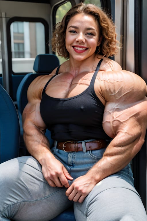 A heavily muscled iffb pro female bodybuilder, Sydney Sweeney, portrait, face portrait, brown skin, smiling, red lips, full lips, chubby, voluptuous woman, brown hair, curly hair, glasses, button-down blouse, white blouse, belt, long jeans, sitting on the bus.