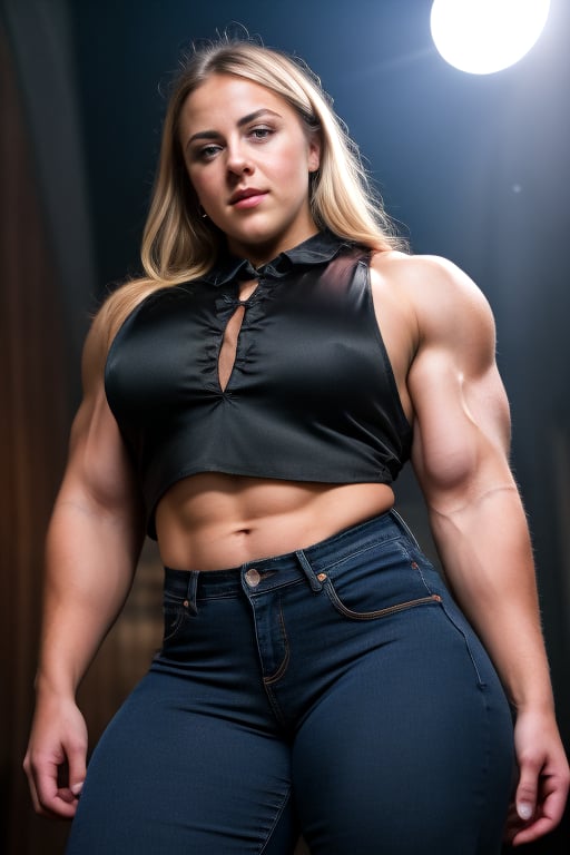 A heavily muscled iffb pro female bodybuilder, a RAW photo, portrait of Charlotte Church wearing black satin blouse, jeans, simple background, model shot, cinematic shot, volumetric lighting, detailed eyes and face, magnificent, epic, sharp focus, dlsr, rim lights, blurry background, best quality, highly detailed, masterpiece, 8k, 