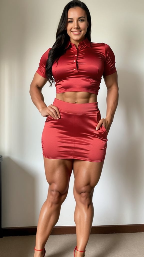 21 year old Katie Ritchie heavily muscled iffb pro female bodybuilder,  a teacher wearing a tight silk buttoned shirt, short rubber skirt,  red opaque pantyhose ,fmg