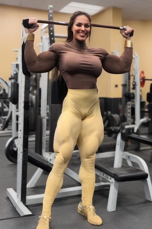 21 year old Jamie Lee Curtis, a heavily muscled iffb pro female bodybuilder,  a schoolgirl wearing a tight silk blouse, hitpants,  gold coloured opaque pantyhose ,fmg