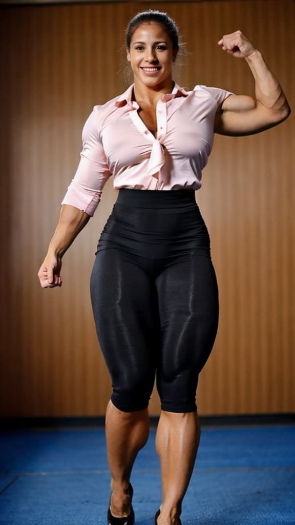 21 year old Alicia Sacramone heavily muscled iffb pro female bodybuilder,  a teacher wearing a tight silk buttoned shirt, short rubber skirt,  black opaque pantyhose ,fmg