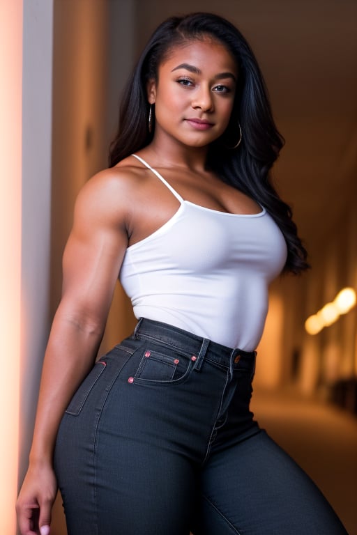 A heavily muscled iffb pro female bodybuilder, a RAW photo, portrait of 21 year old Tatyana Ali wearing black satin blouse, jeans, simple background, model shot, cinematic shot, volumetric lighting, detailed eyes and face, magnificent, epic, sharp focus, dlsr, rim lights, blurry background, best quality, highly detailed, masterpiece, 8k, 