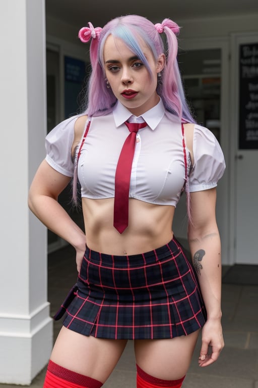 a heavily muscled iffb pro bodybuilder 21 year old girl popstar Billie Eilish, colourful hair,  , wearing a Ladies Naughty SchoolGirl Costume St Trinians Fancy
Dress Costume Uniform Hen Parties 
uniform,photorealistic, white unbuttoned shirt
and tie, red miniskirt, latex