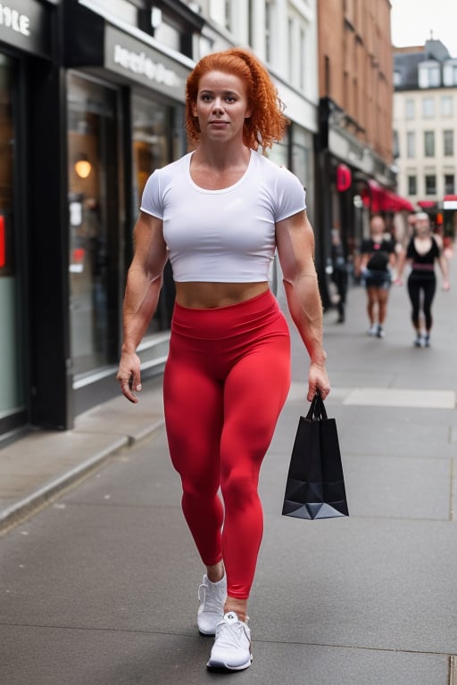 A heavily muscled female crossfit athletic, 
 red headed, ginger hair,  wearing a white t-shirt. BREAK black leggings. BREAK white sneakers,  she is walking along the highstreet in an English city , there are other people walking and shopping 