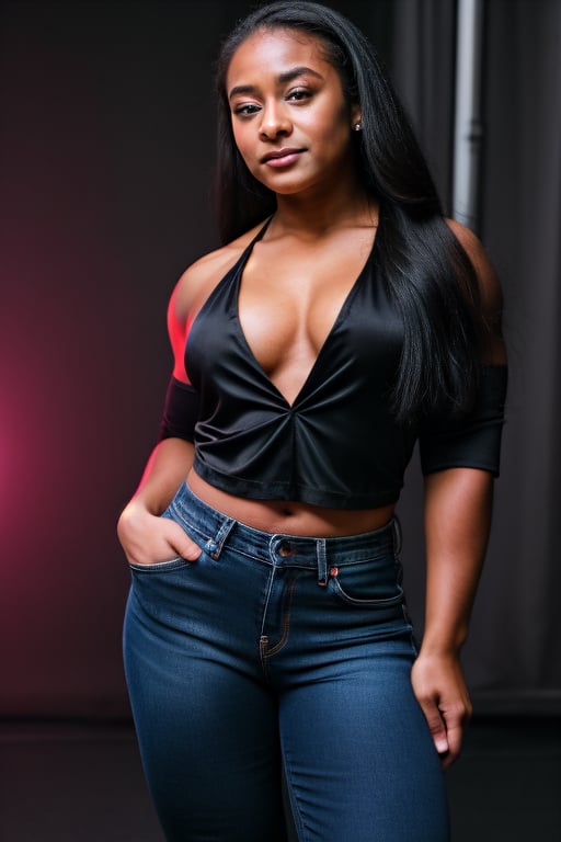 A heavily muscled iffb pro female bodybuilder, a RAW photo, portrait of 21 year old Tatyana Ali wearing black satin blouse, jeans, simple background, model shot, cinematic shot, volumetric lighting, detailed eyes and face, magnificent, epic, sharp focus, dlsr, rim lights, blurry background, best quality, highly detailed, masterpiece, 8k, 