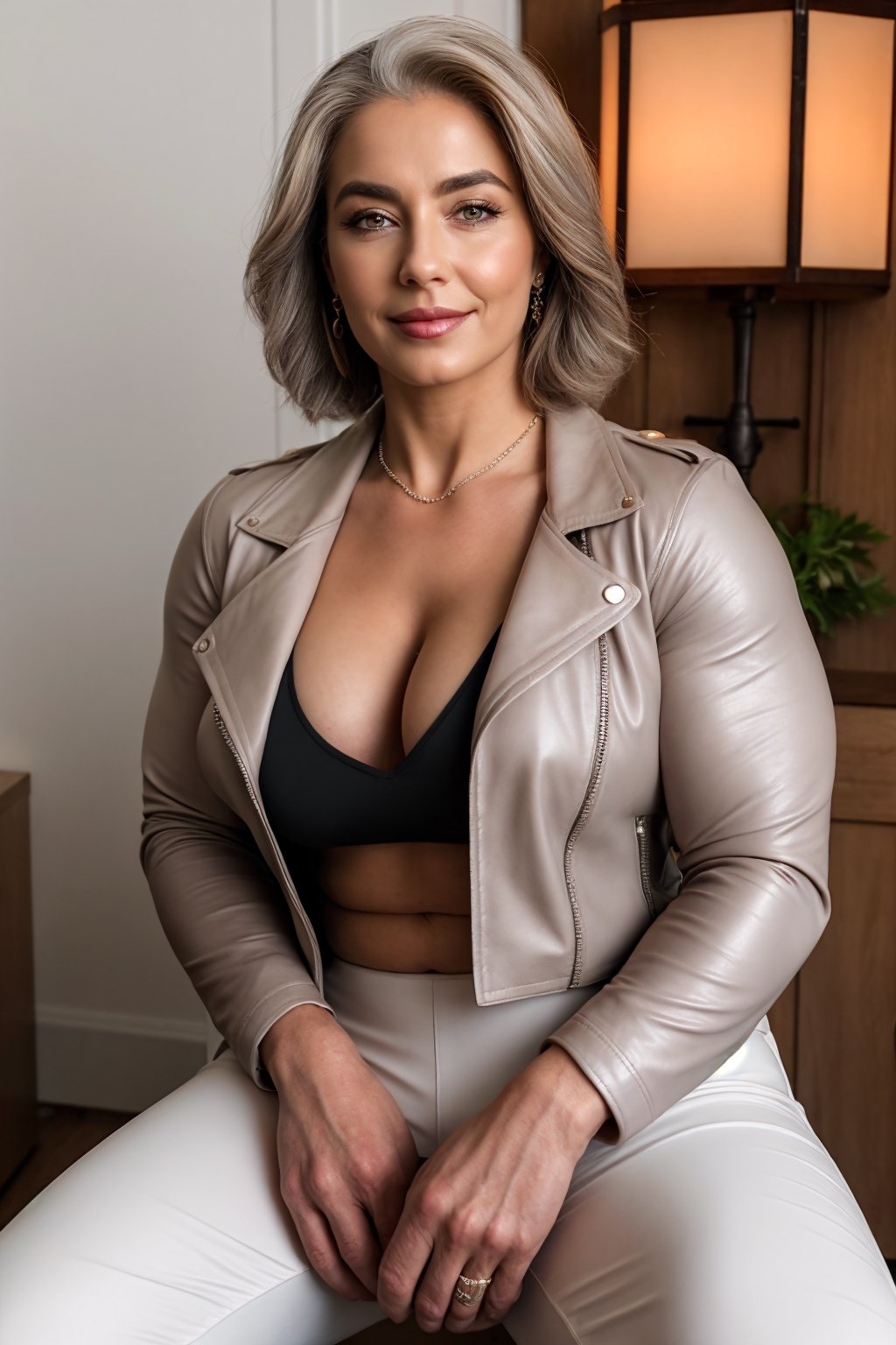 A mature European woman, greay hair,   A heavily muscled iffb pro female bodybuilder,  (Masterpiece), Realistic, very realistic, 8K, looking_at_viewer, beautiful+attractive+feminine+lovely+cute+mature+old+gorgeous+symmetric+sexy grandma, very beautiful 50 years, very gorgeous mature woman, ((grey_hair)), (brown almond eyes), realistic brown iris, slim nose, thin nose, beautiful nose, extremely beautiful woman, very detailed brown iris, very beautiful lady, large cheeks, cheek dimples:1.4, very beautiful, inspired by old mature Ana de Armas, wistful smile, headshot, rounded_feminine_chin, wearing leather_jacket and white_shirt and jeans, sitting on her Harley Davidson motorbike