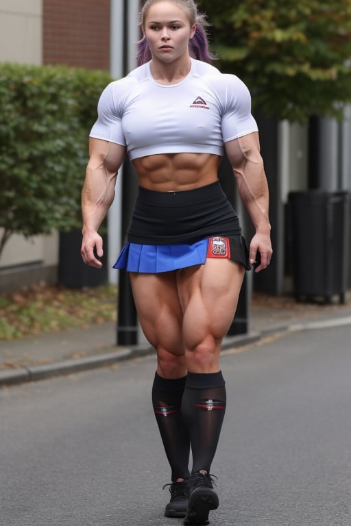 a heavily muscled iffb pro bodybuilder 22 year old girl popstar Ronda Rousey, colourful hair,  , wearing a St trinians school
uniform,photorealistic, blue school sweater, white  shirt,   miniskirt,  short tight skirt , short black leggings 