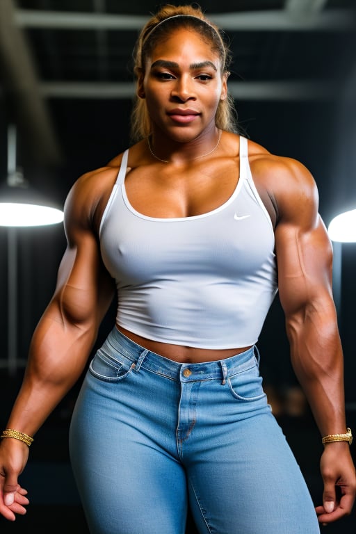 A heavily muscled iffb pro female bodybuilder, a RAW photo, portrait of Serena Williams, wearing white satin blouse,  
long transparent sleaves  jeans, simple background, model shot, cinematic shot, volumetric lighting, detailed eyes and face, magnificent, epic, sharp focus, dlsr, rim lights, blurry background, best quality, highly detailed, masterpiece, 8k, 